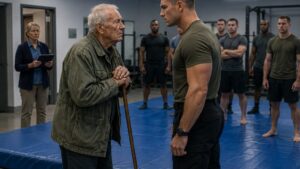 The Old Veteran Held His Cane on the Blue Mat While the Young Trainer Ordered Him Out