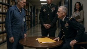 The Old Man in the Blue Jumpsuit Touched One Yellow Folder and Made Two Officers Stand Still