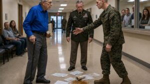 The Old Veteran Stood Silent While His Papers Lay Scattered Across The Military Hallway