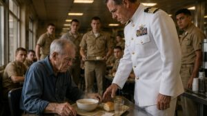 The Old Man Held His Cafeteria Tray While The Officer Learned Why Silence Still Commands Respect