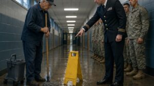 The Officer Kicked Over His Wet-Floor Sign, Not Knowing Why the Old Veteran Kept Guard