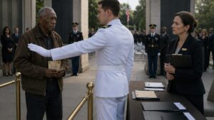 The Old Veteran Held a Folded Paper While a Young Officer Blocked the Memorial Gate