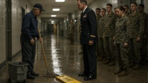 The Old Janitor Picked Up the Fallen Sign While Soldiers Watched in Silence