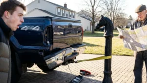 The Bedrock Iron Boundary Post And The Torn Chrome Bumper