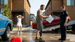 The Brass Survey Marker And The Towed Luxury Convertible