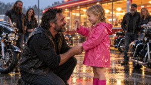 The Little Girl In The Pink Raincoat And Her Biker Father
